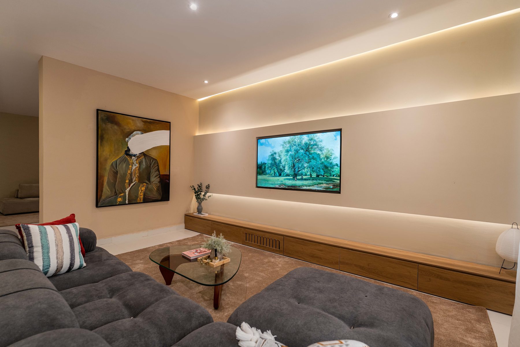 Lounge at The Metropolis Lekki with sculptural grey sofas